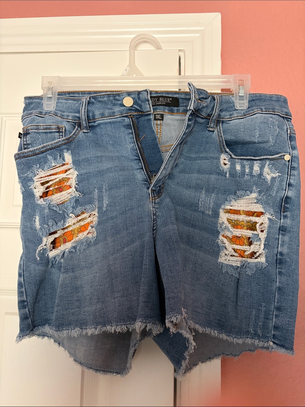 Judy Blue Light Blue Distressed Denim Shorts with Orange Floral Patchwork